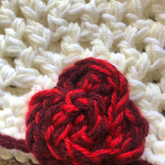 Handmade White Crochet Beanie with Red Flower - Picture 2 of 6